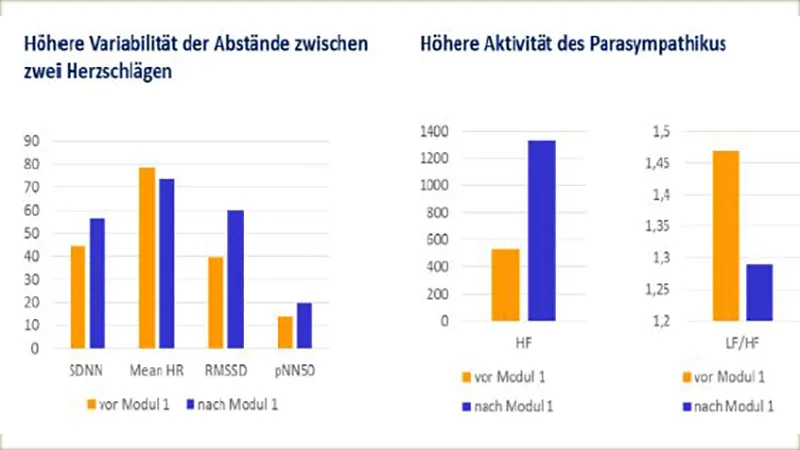 In Verbindung mit HRV-Biofeedback kann nach Anwendung von Stressregulationsmethoden sowohl eine verbesserte Variabilität der Abstände zwischen zwei Herzschlägen nachgewiesen werden als auch eine höhere Aktivität des Parasympathikus.