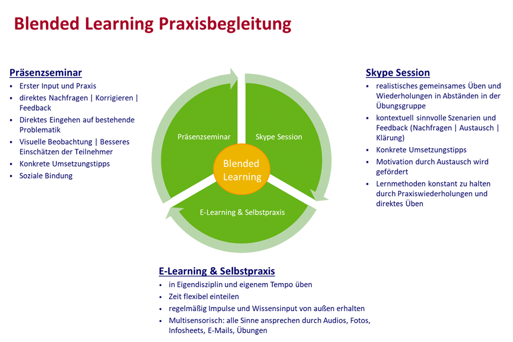 Unser Blended Learning Konzept besteht aus drei Bestandteilen: Skype Sessions, E-Learning & Selbstpraxis sowie Präsenzseminare.