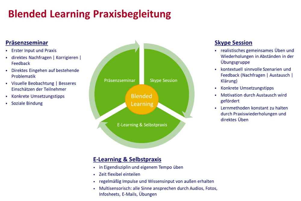 Unser Blended Learning Konzept besteht aus drei Bestandteilen: Skype Sessions, E-Learning & Selbstpraxis sowie Präsenzseminare.